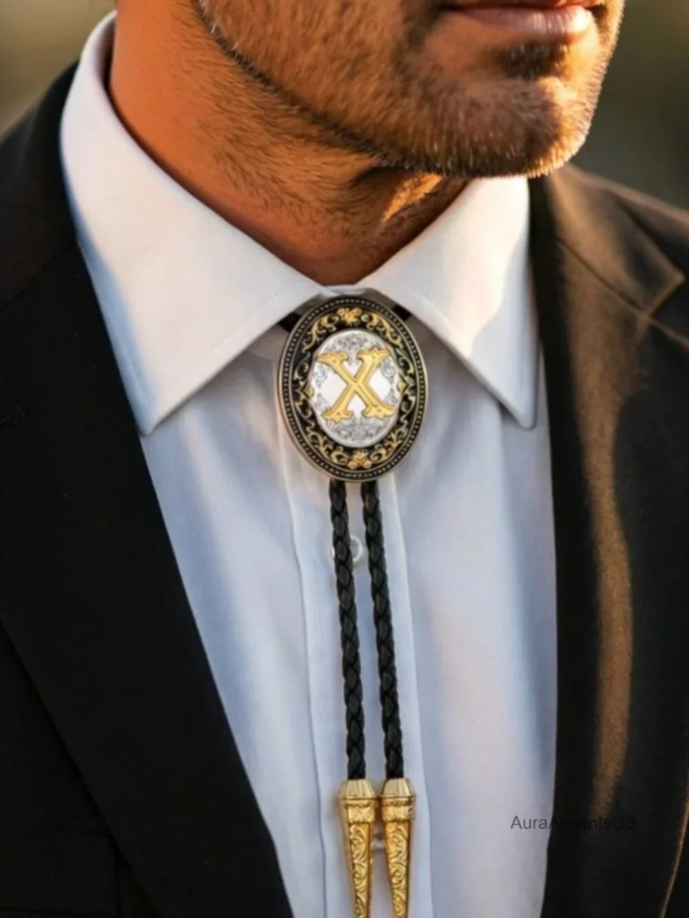Vintage Western Bolo Tie Leather Necklace Initial Letter Adjustable Cowboy